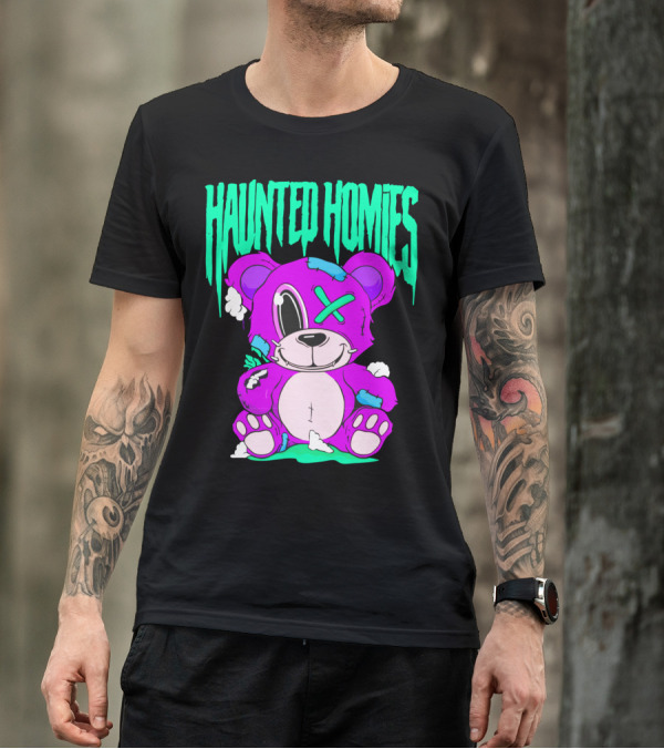 HAUNTED HOMIES Purple Teddy Bear Crossed Eye Patchwork T-Shirt