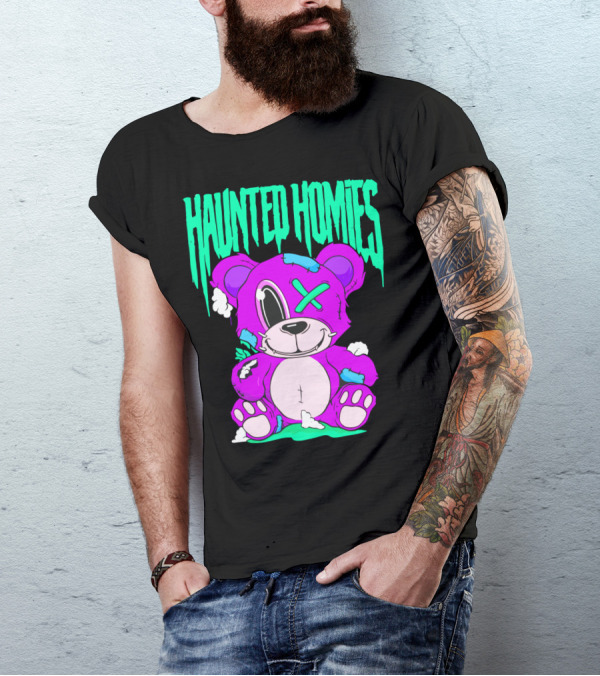 HAUNTED HOMIES Purple Teddy Bear Crossed Eye Patchwork T-Shirt