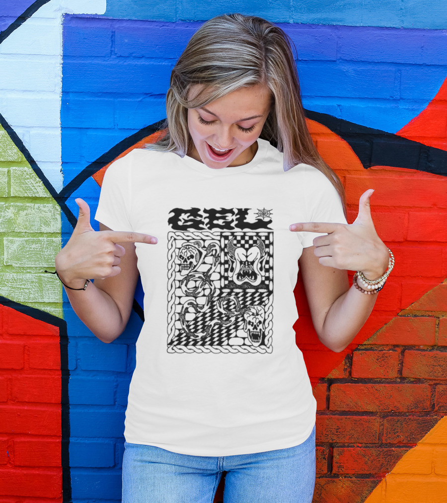 Gel Skull Chains Flames Checkered T-Shirt