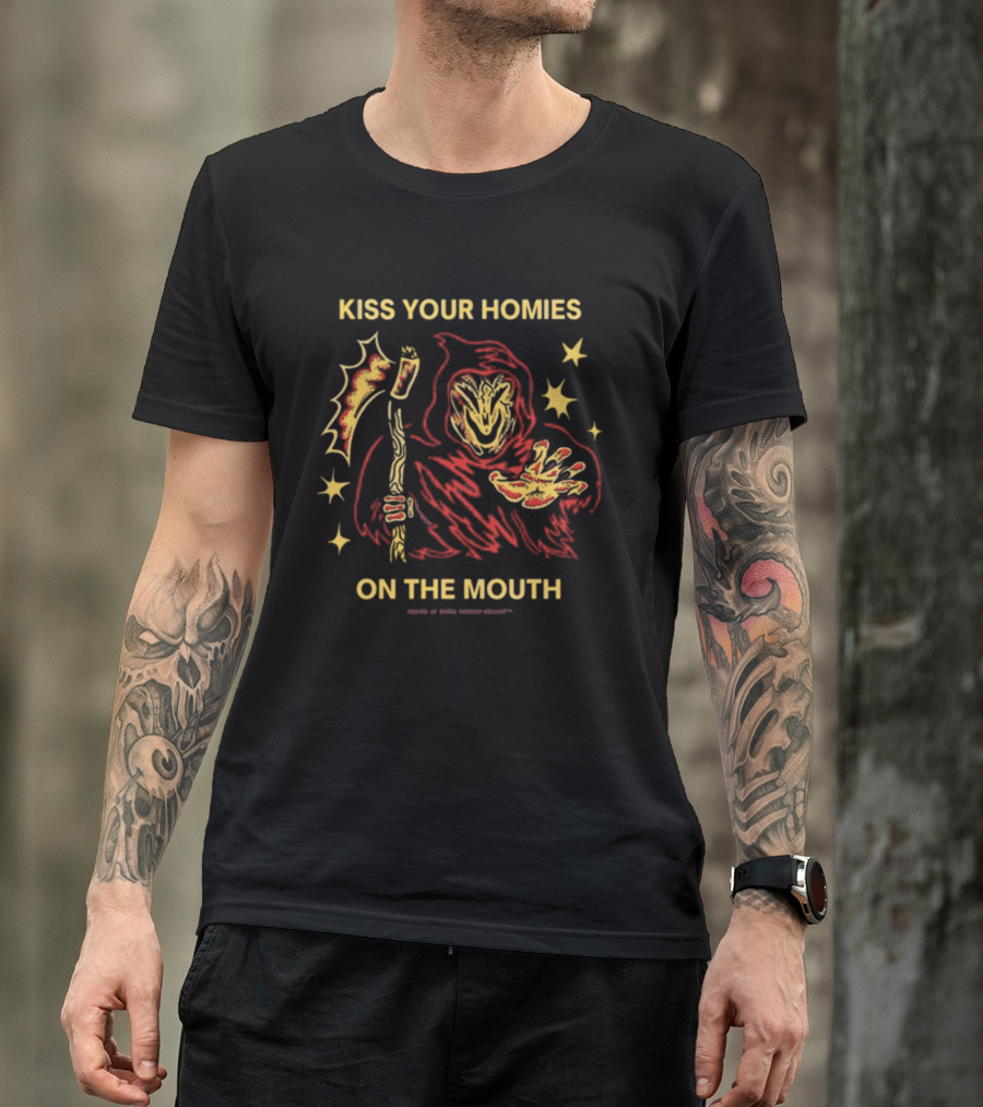 Wizard Of Barge Kiss Your Homies On The Mouth Grim Reaper With Scythe Red Cloak Stars T-Shirt