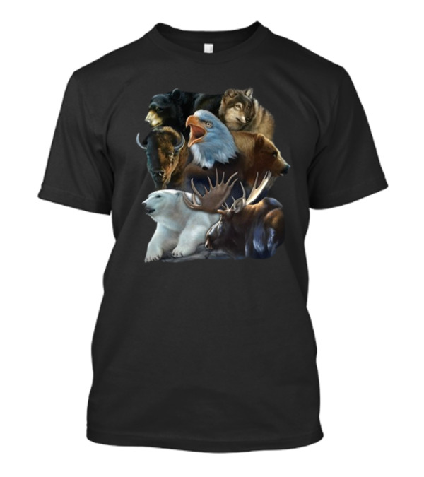 Wild Animal Collage Bear Wolf Eagle Moose Bison Polar Bear Crewneck T-Shirt