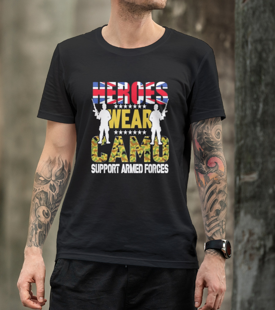 Heroes Wear Camo Support Armed Forces UK Flag T-Shirt