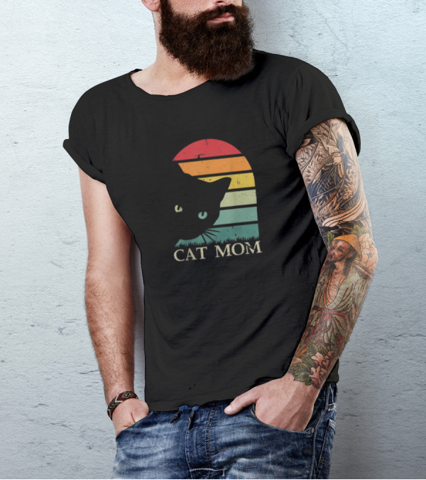 Vintage Cat Mom For Women Funny Cat Mom Mother Retro Sunset Cat T-Shirt