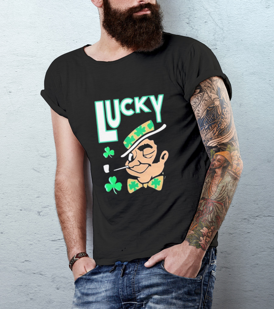 Boston Celtics Lucky The Leprechaun Shamrock Winking Pipe T-Shirt