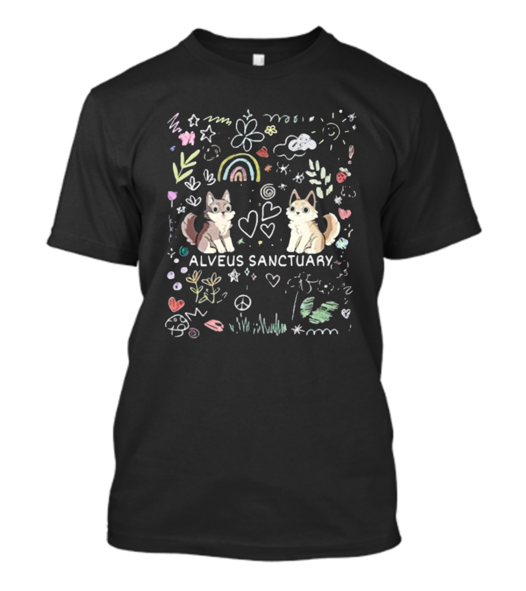 Alveus Sanctuary Wolf Doodle Rainbow Hearts Peace Signs Clouds Stars T-Shirt