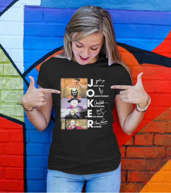 Joker Jared Leto Joaquin Phoenix Jack Nicholson Heath Ledger Cesar Romero Signatures DC Comics Movies All Stars Eras T-Shirt