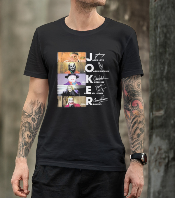 Joker Jared Leto Joaquin Phoenix Jack Nicholson Heath Ledger Cesar Romero Signatures DC Comics Movies All Stars Eras T-Shirt