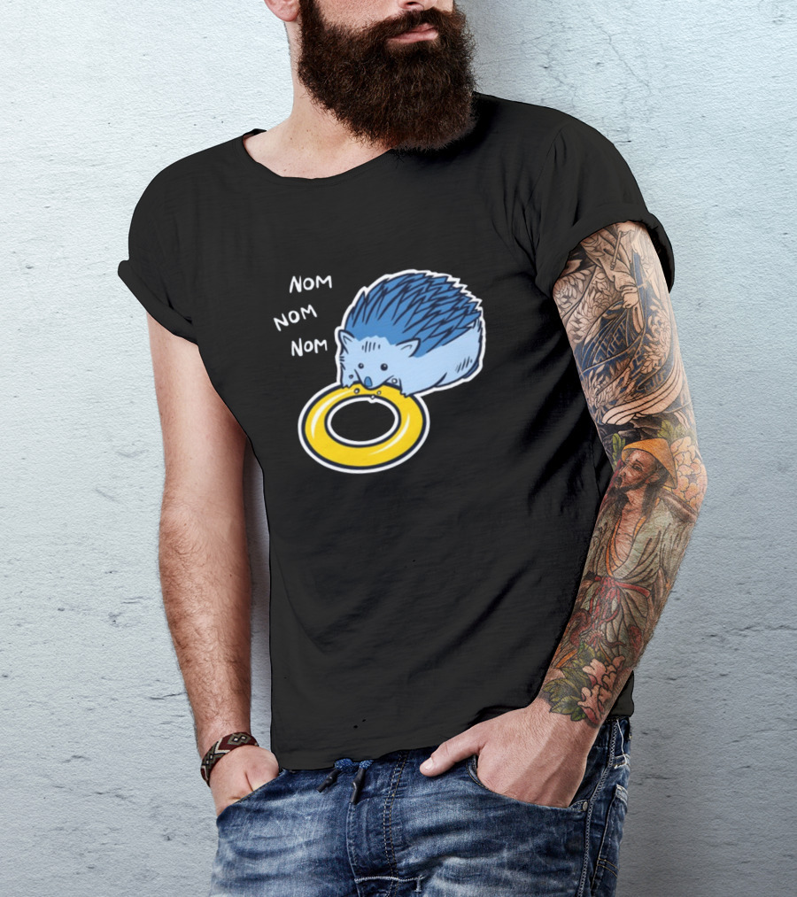 Sam Logan Hungry Blue Hedgehog Nom Nom Nom Eating Yellow Ring T-Shirt