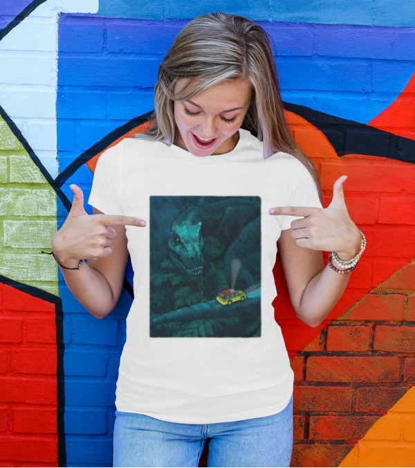 Jurassic Park T-Rex And SUV Night Scene Rainy Adventure T-Shirt