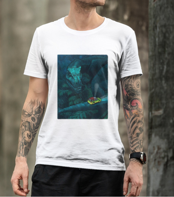 Jurassic Park T-Rex And SUV Night Scene Rainy Adventure T-Shirt
