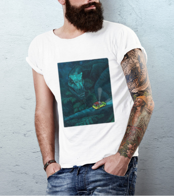Jurassic Park T-Rex And SUV Night Scene Rainy Adventure T-Shirt