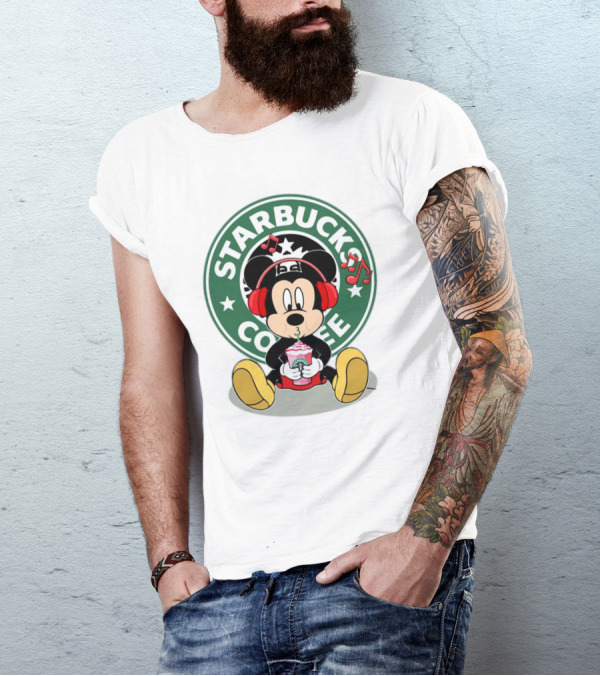 Mickey Mouse Listening To Music With Starbucks Coffee Cup T-Shirt