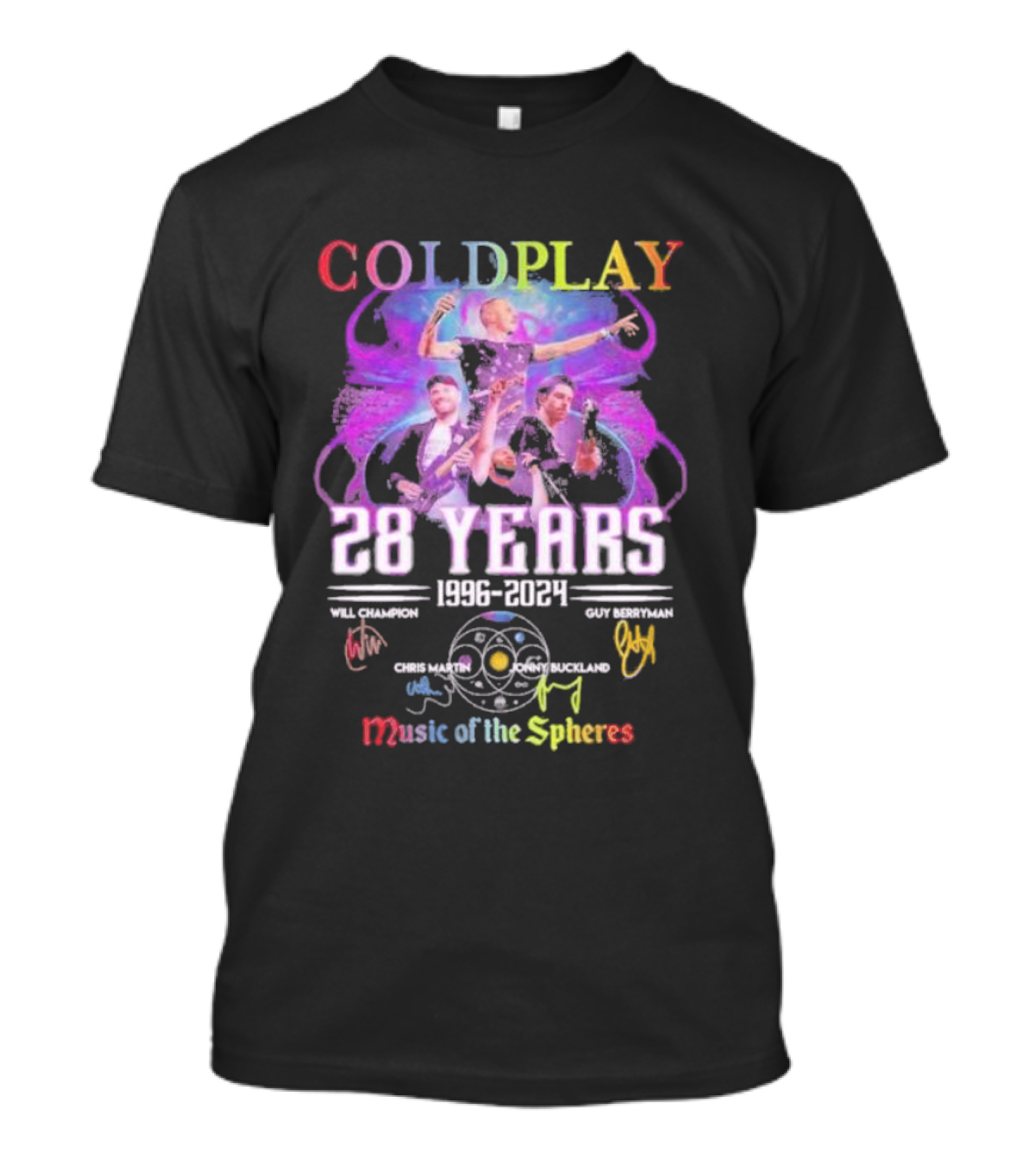 COLDPLAY 28 Years 1996-2024 Music Of The Spheres World Tour Signatures Will Champion Chris Martin Guy Berryman Jonny Buckland T-Shirt