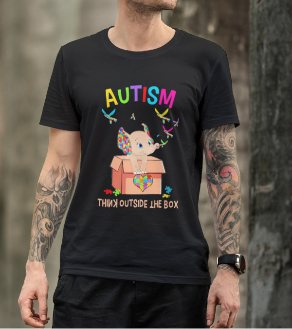 AUTISM Think Outside The Box Elephant With Puzzle Pieces And Butterflies T-Shirt