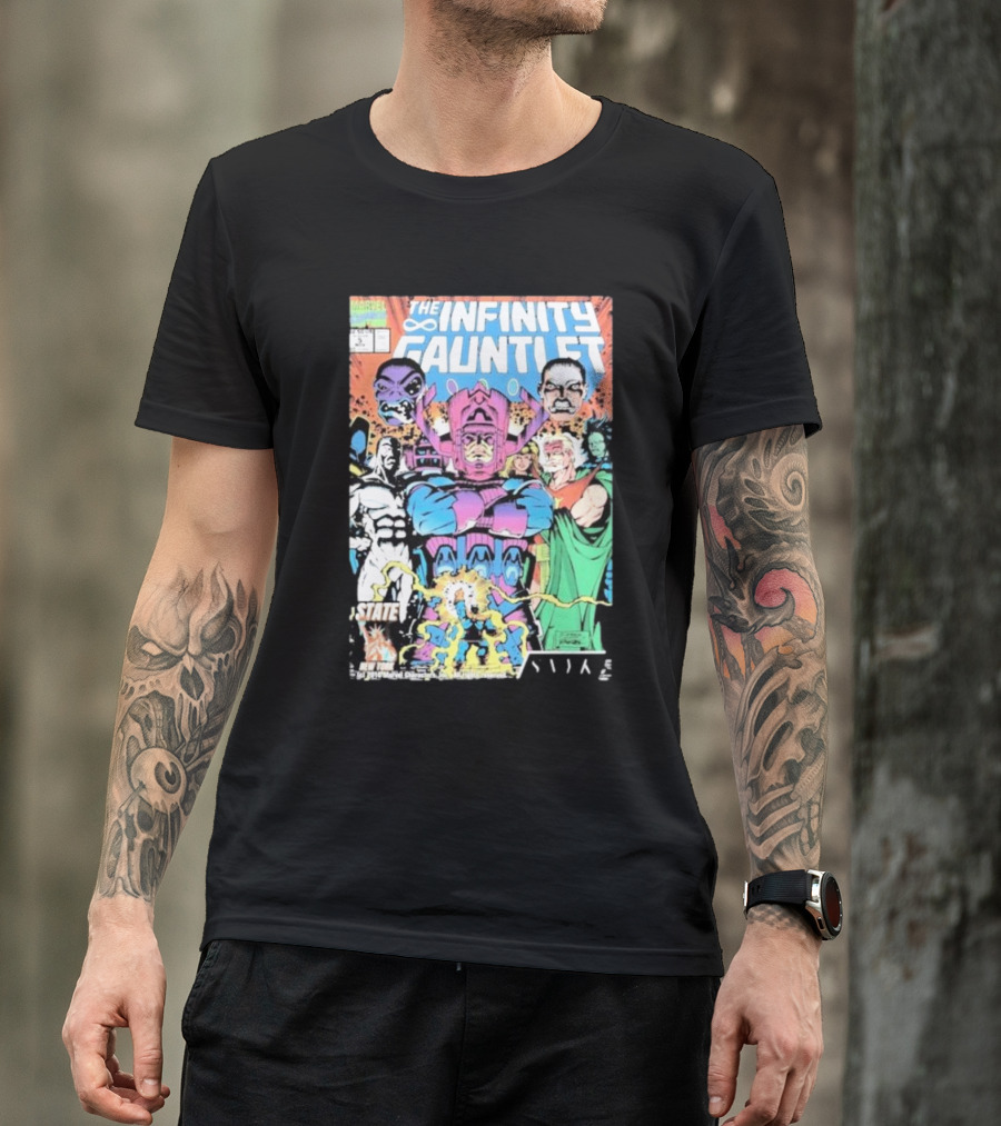 The Infinity Gauntlet Marvel Comics Cover Featuring Iconic Characters Galactus And Artistry T-Shirt