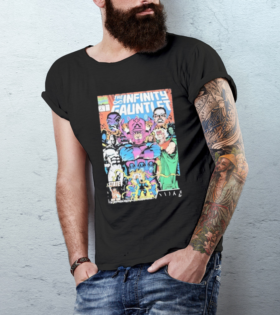 The Infinity Gauntlet Marvel Comics Cover Featuring Iconic Characters Galactus And Artistry T-Shirt