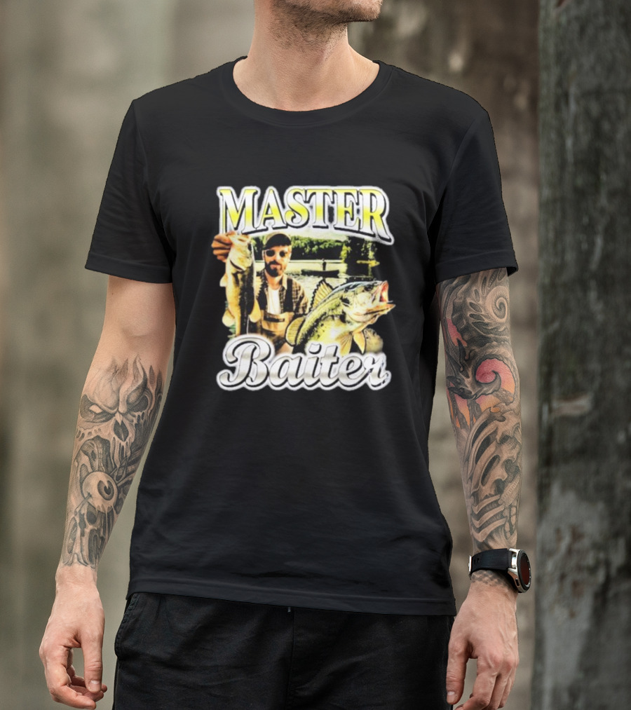 MASTER BAITER Fisherman Holding Fish In Lake Scene T-Shirt