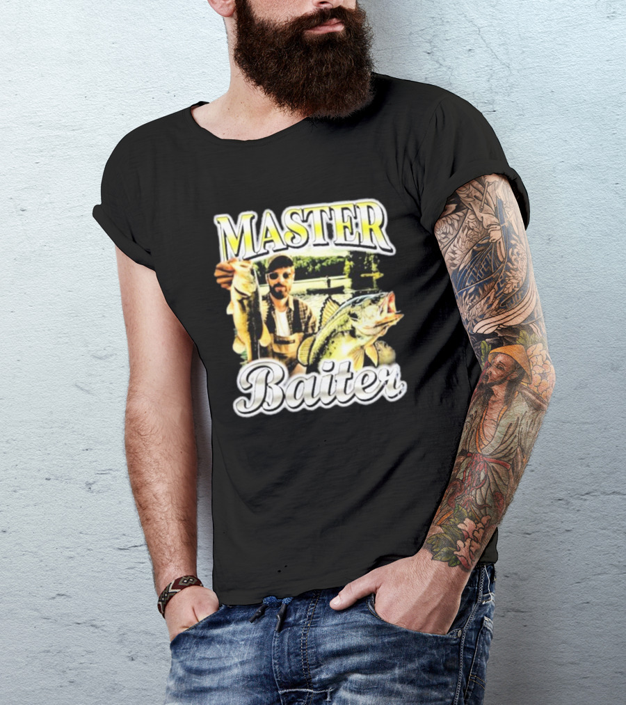 MASTER BAITER Fisherman Holding Fish In Lake Scene T-Shirt
