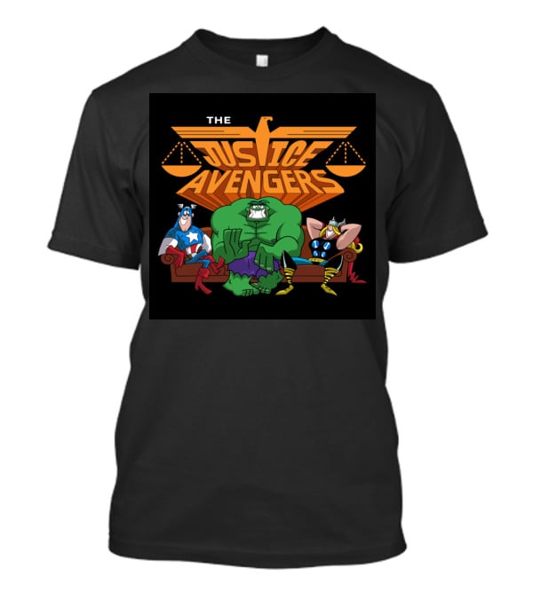 The Justice Avengers Hero Parody Featuring Scales Of Justice And Warrior Figures T-Shirt