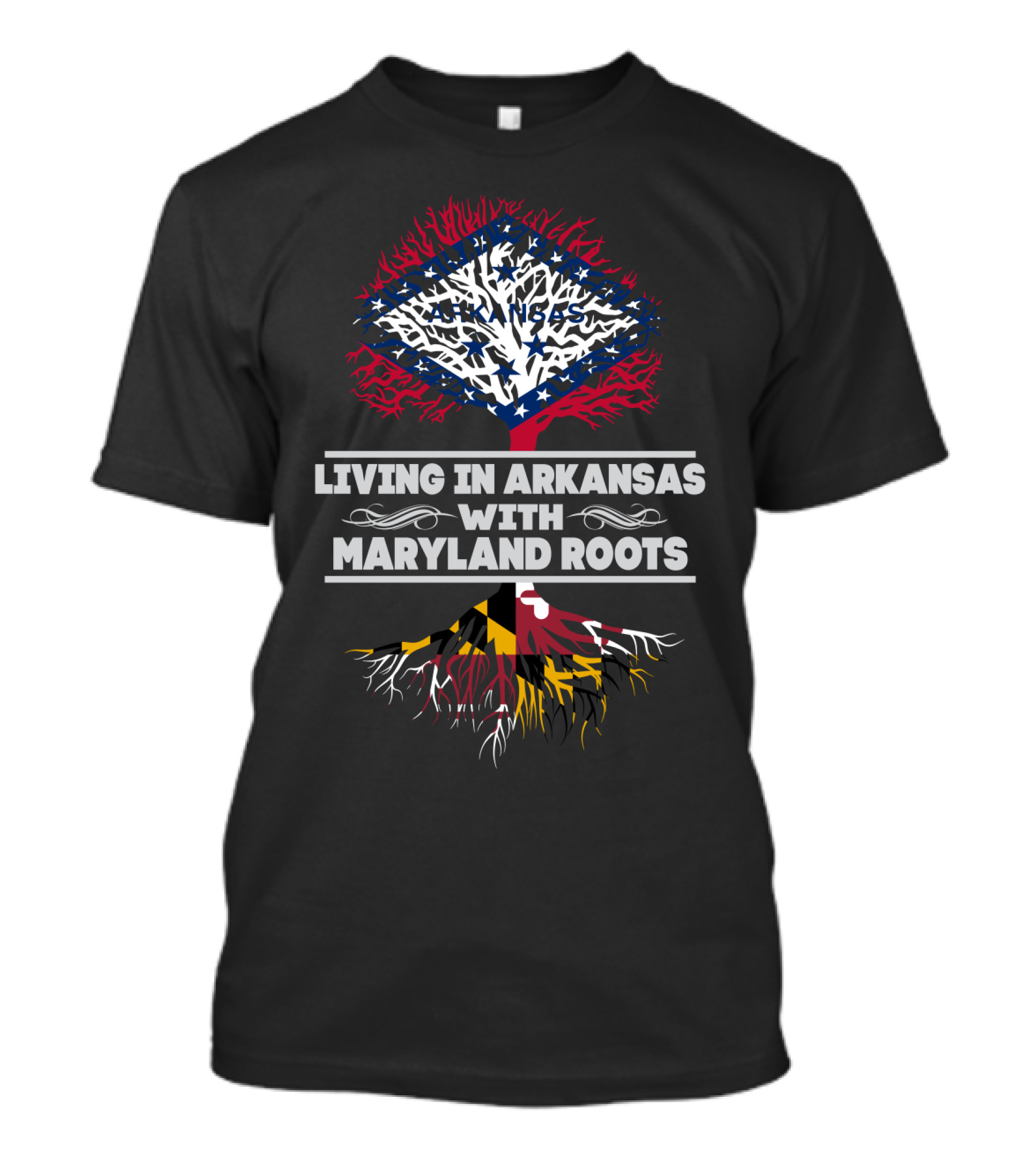 Arkansas Living With Maryland Roots Featuring State Flag Tree Graphics T-Shirt