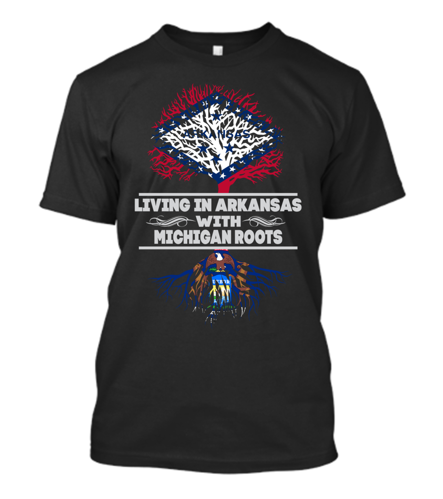 Living In Arkansas With Michigan Roots Tree Design Featuring State Flag Elements And Bald Eagle Symbolism T-Shirt