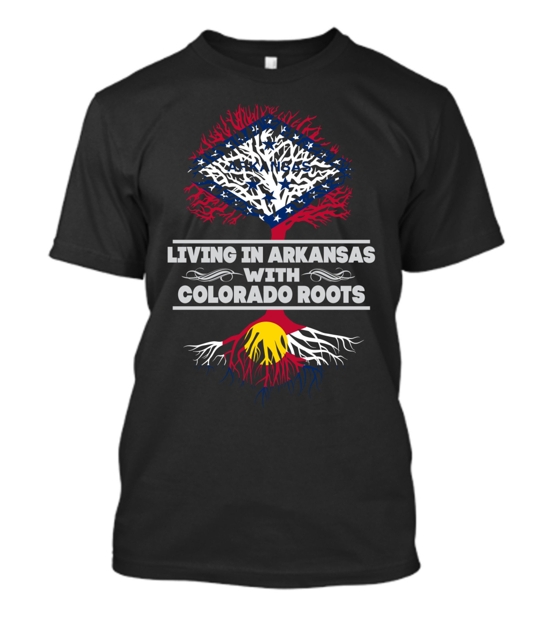 Living In Arkansas With Colorado Roots Tree Design Featuring State Flag Colors And Symbols T-Shirt