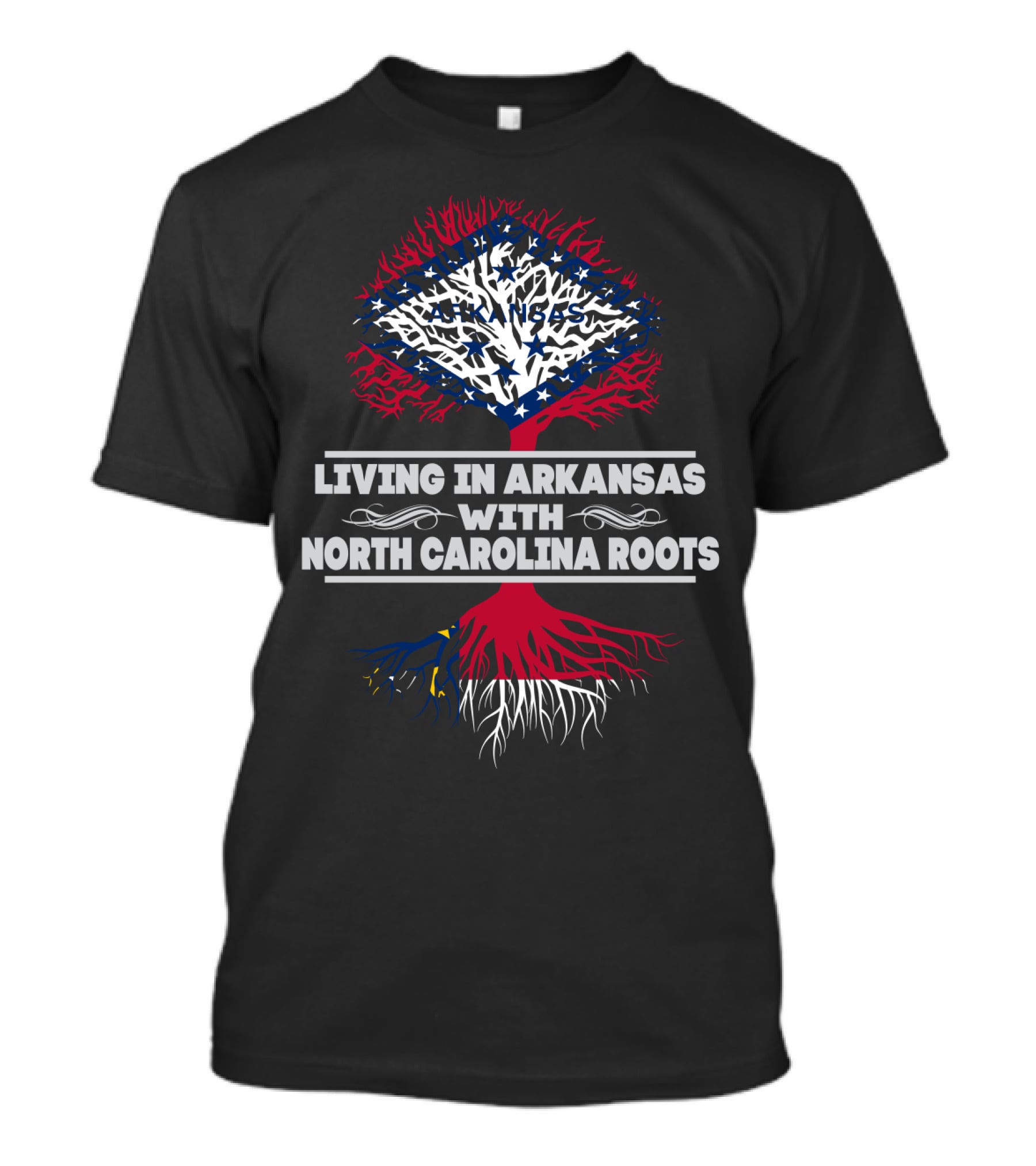 Living In Arkansas With North Carolina Roots Tree Design With State T-Shirt