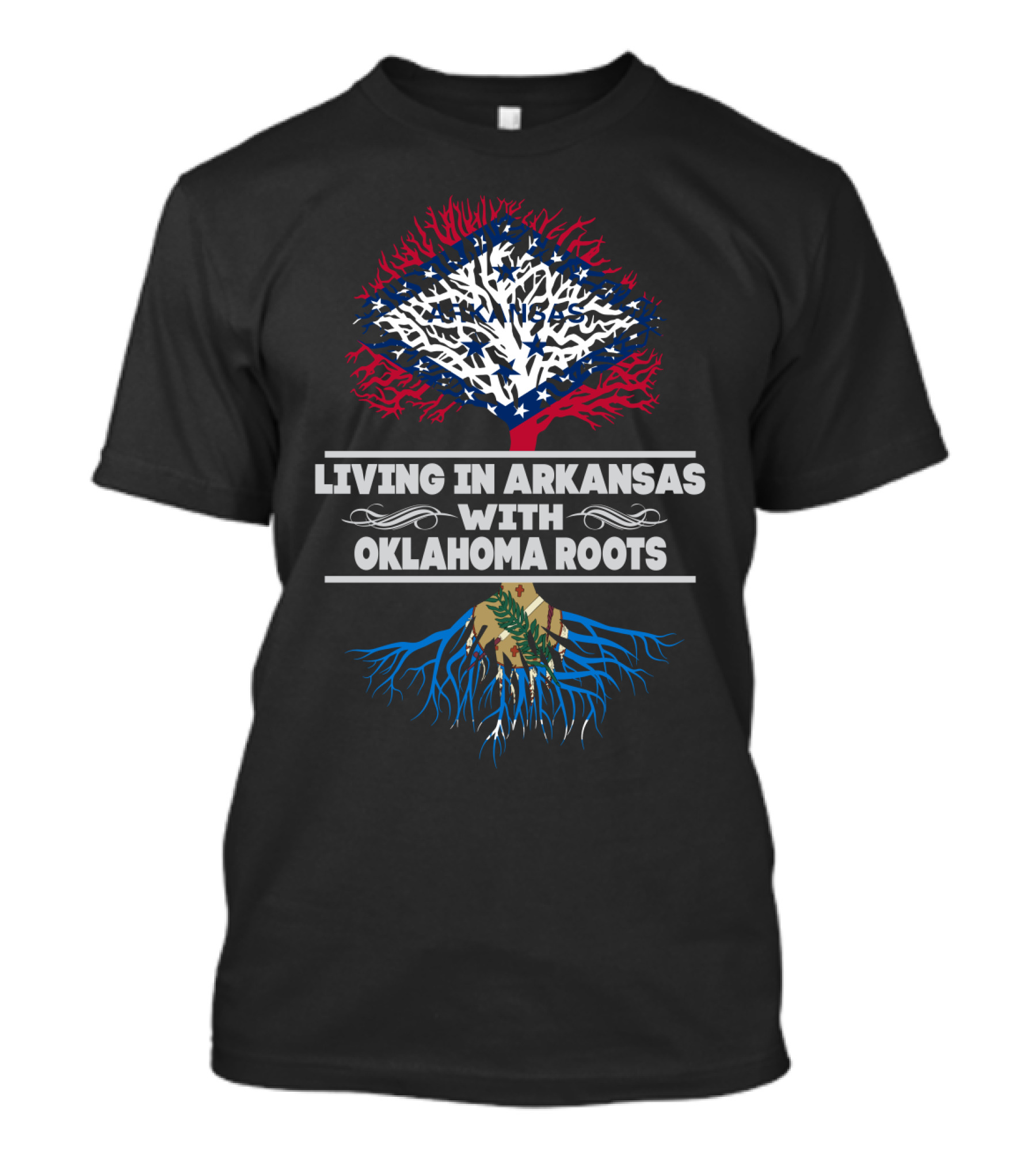 Living In Arkansas With Oklahoma Roots USA Flag And Tree T-Shirt