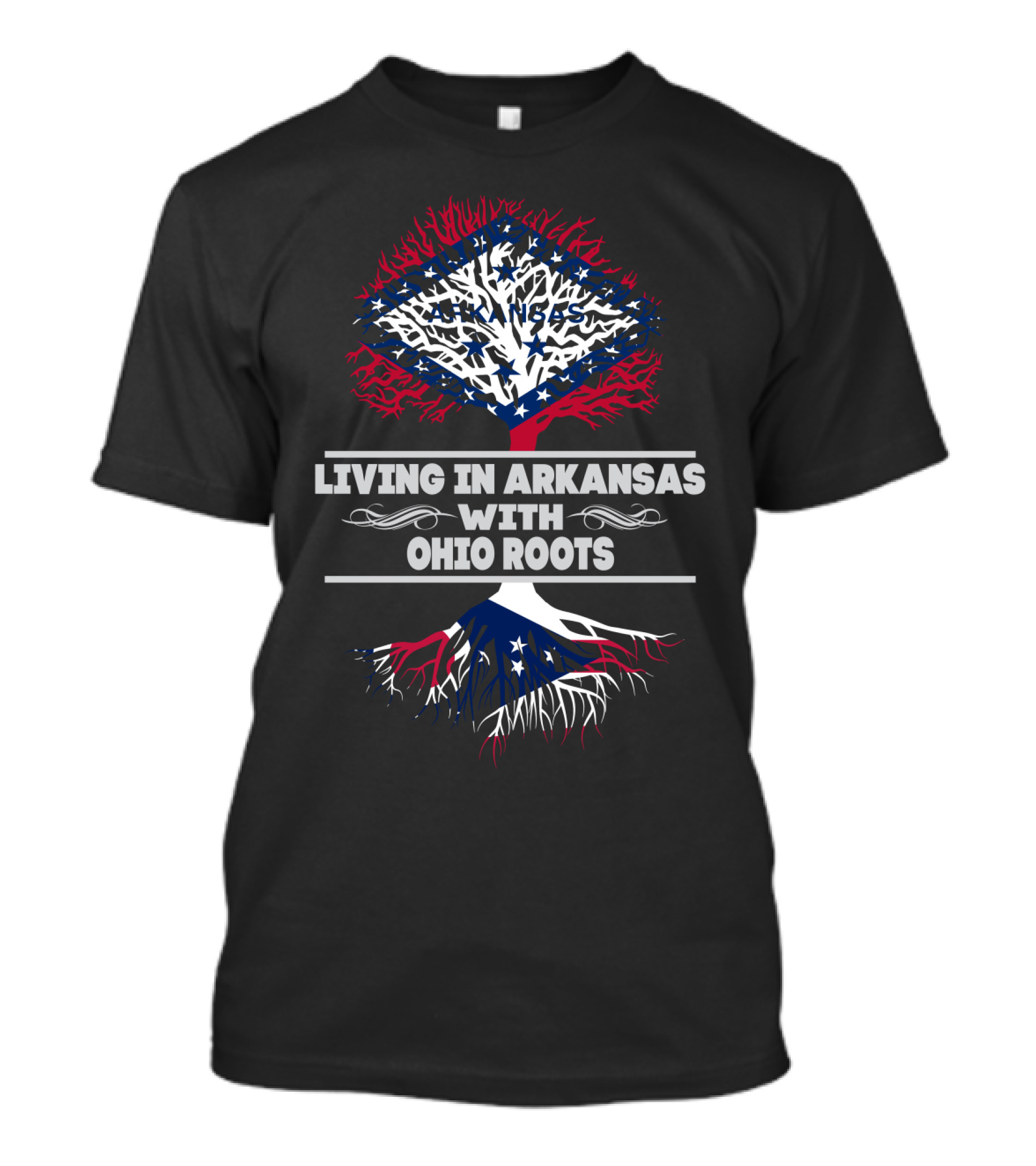 Living In Arkansas With Ohio Roots Tree Design Featuring State Flag Elements T-Shirt