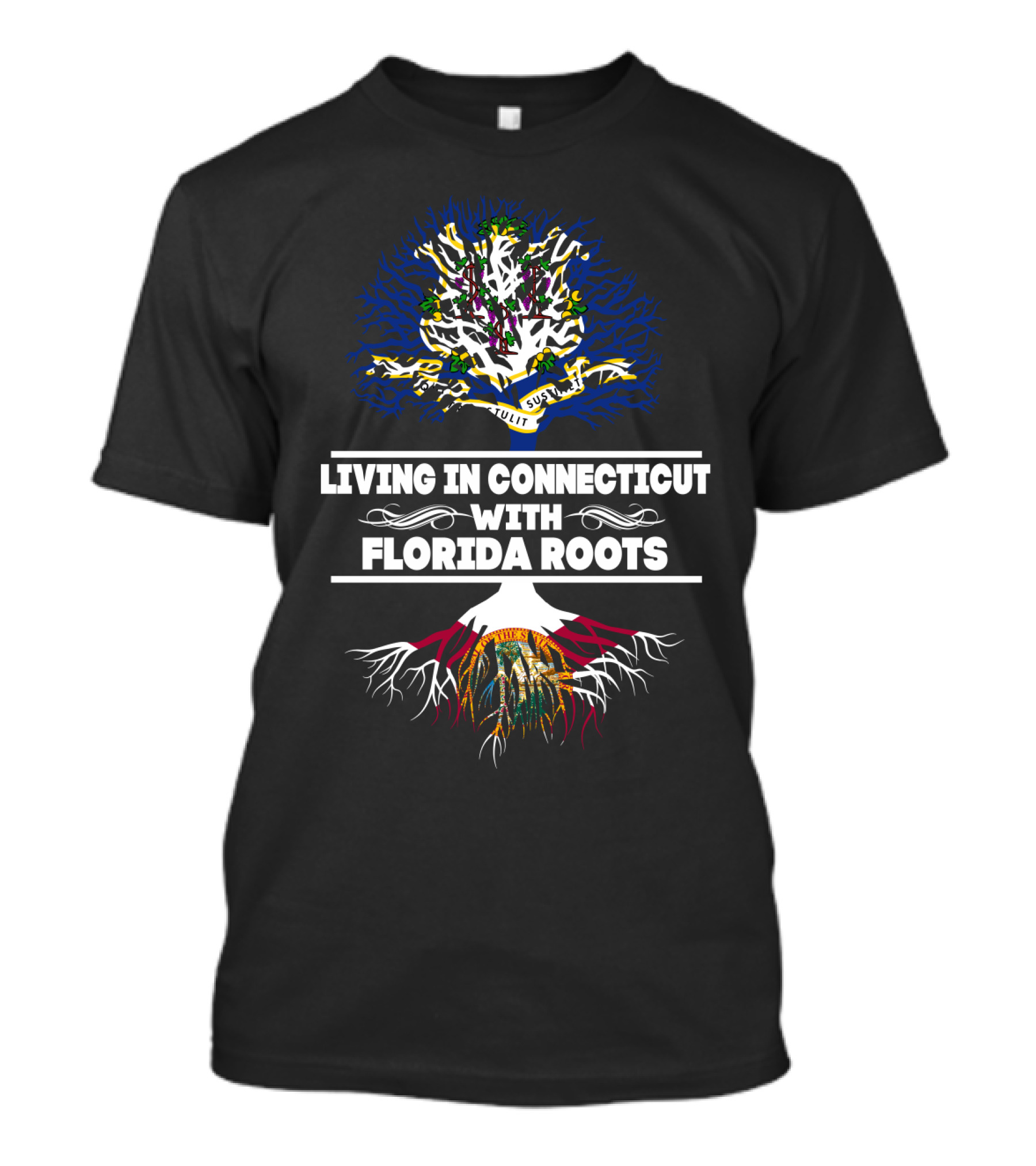 Connecticut Living Embraced By Florida Roots With State Symbols Tree T-Shirt