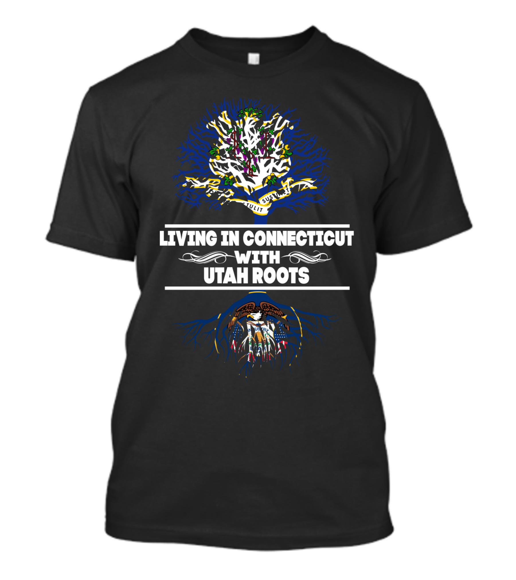 Living In Connecticut With Utah Roots Tree Design Featuring Eagle And Colorful Branches T-Shirt