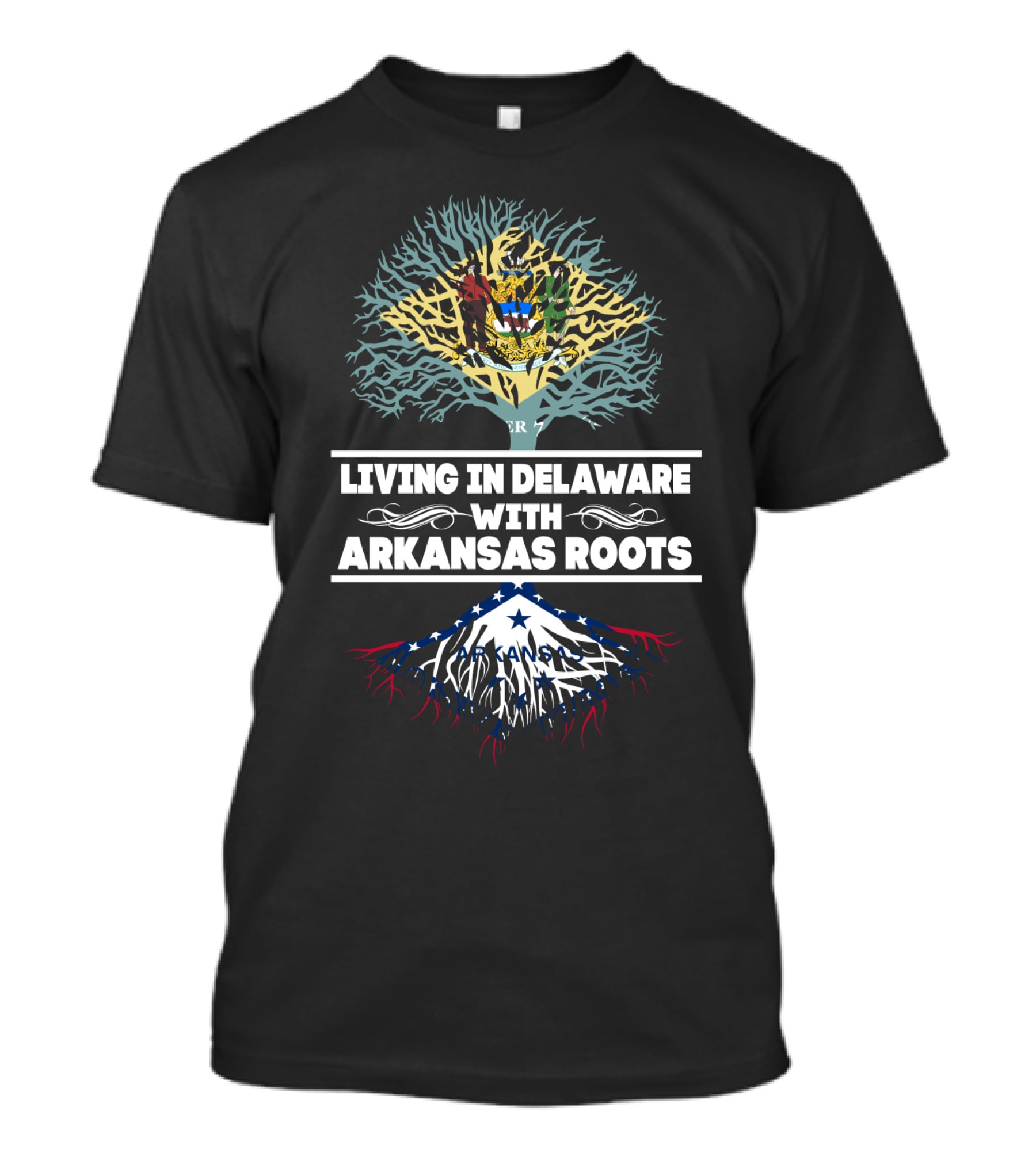 Living In Delaware With Arkansas Roots Tree Design Featuring Intertwined State Flags T-Shirt