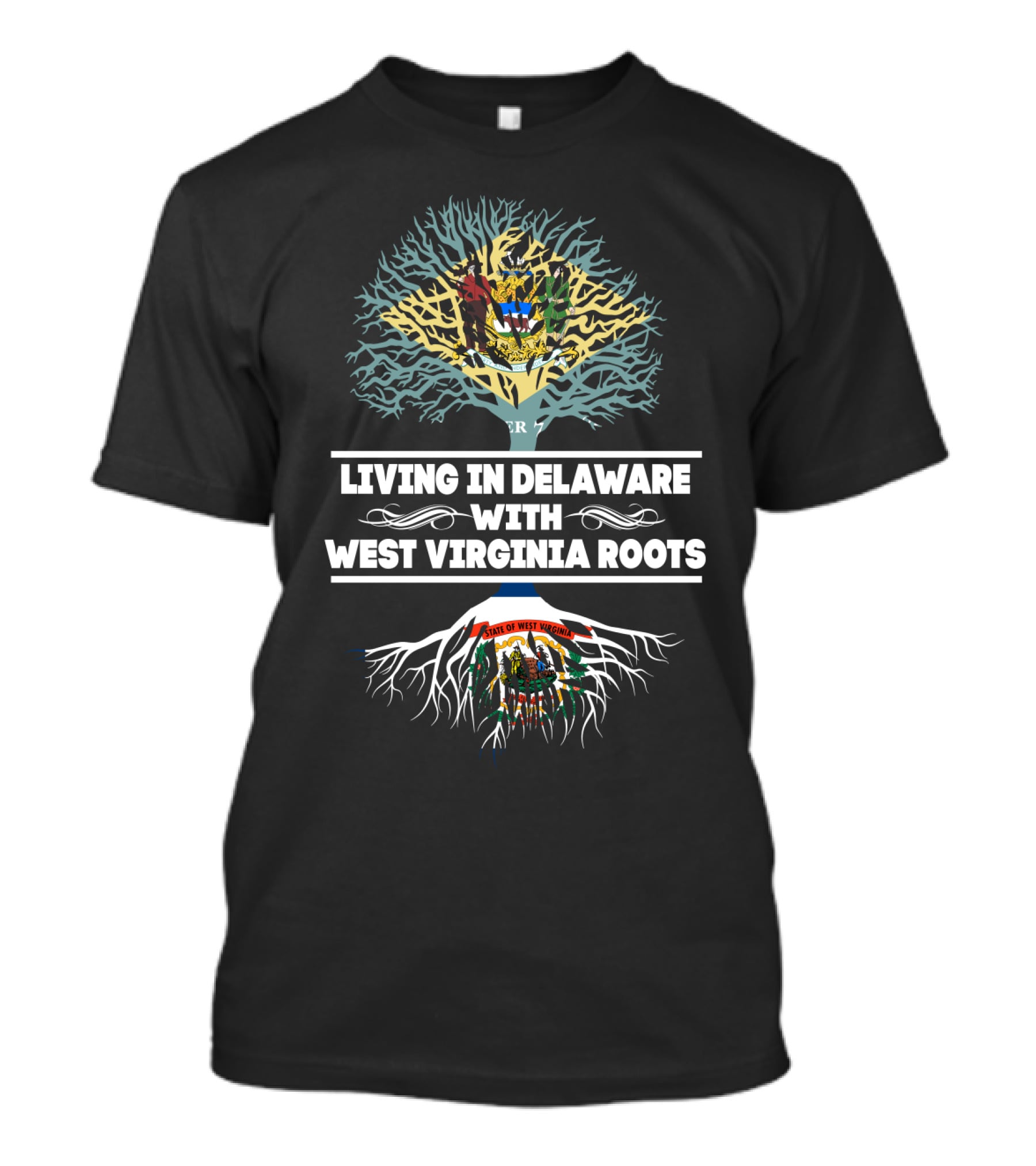 Living In Delaware With West Virginia Roots State Pride Tree Symbolism T-Shirt