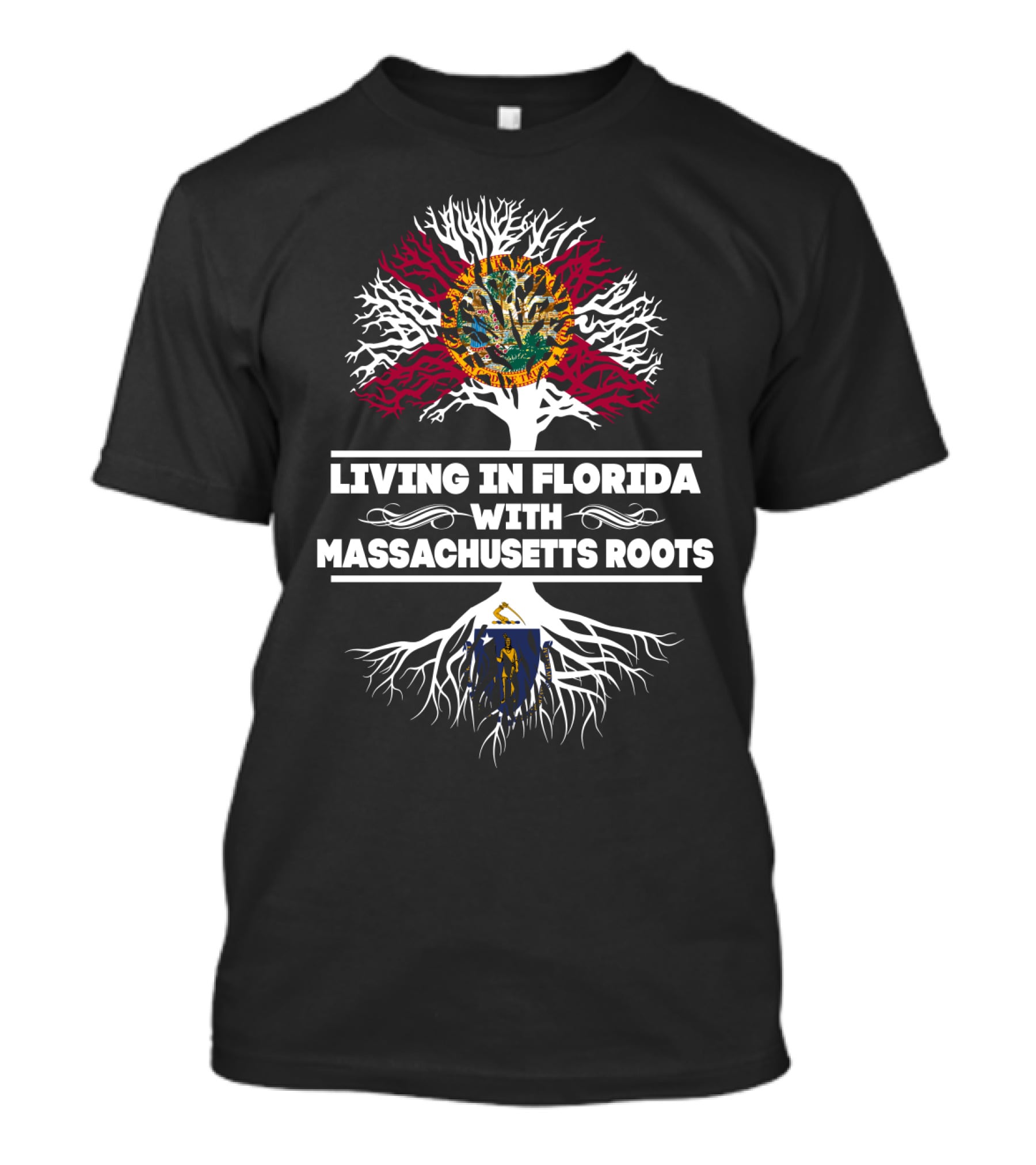 Living In Florida With Massachusetts Roots Florida Flag Tree Emblem T-Shirt
