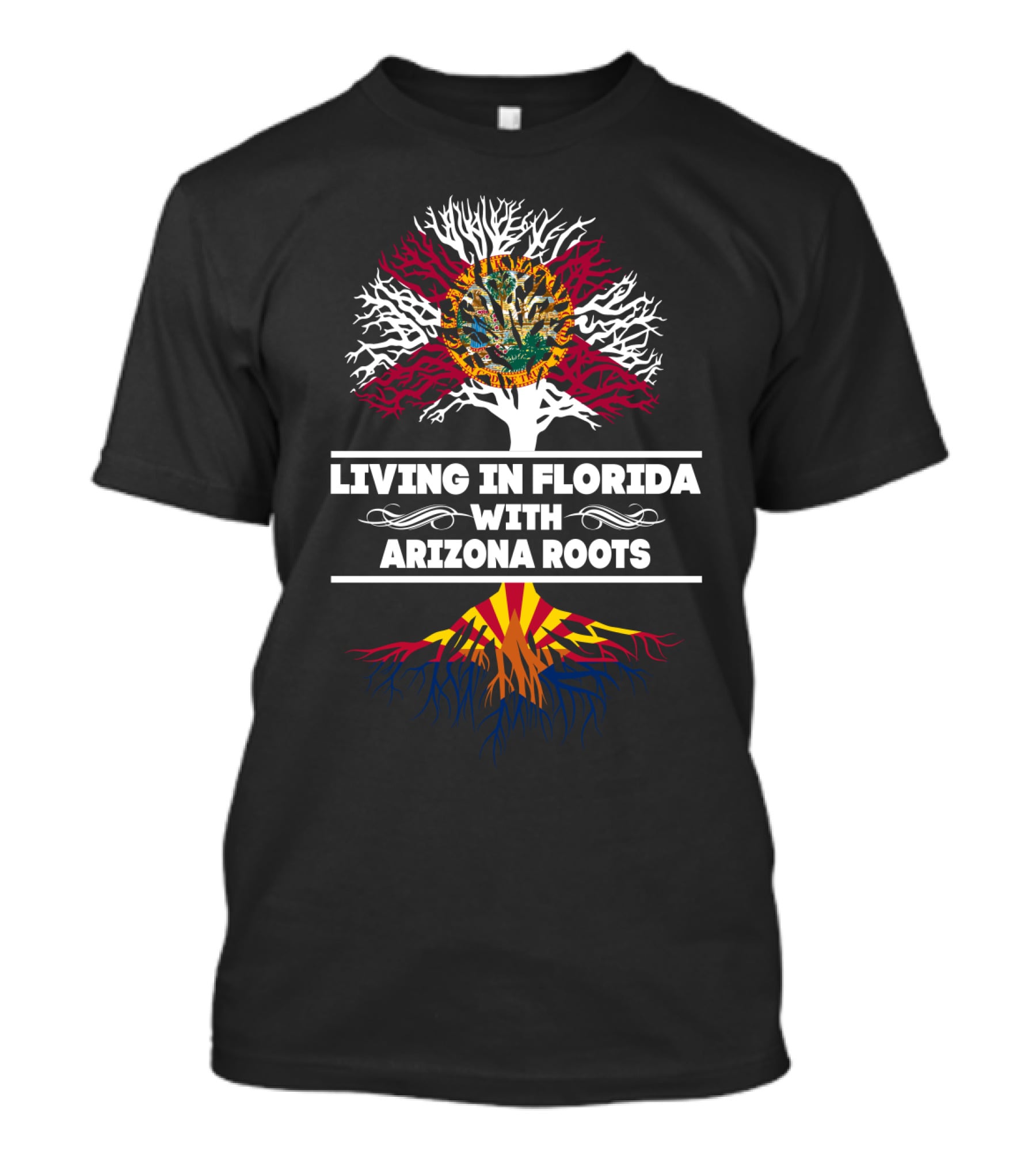Living In Florida With Arizona Roots Tree Graphic Featuring Florida State Flag And Arizona State Flag Colors T-Shirt