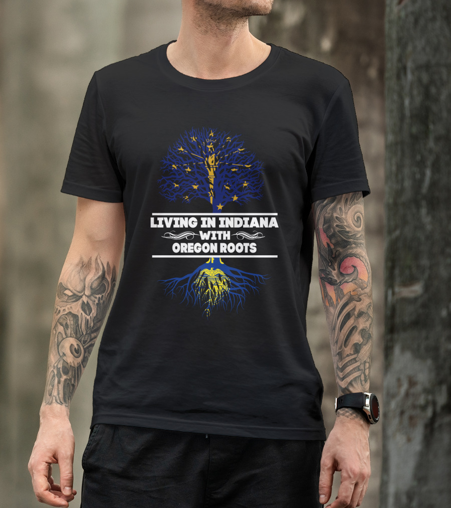 Living In Indiana With Oregon Roots Blue And Yellow Tree Design Stars And Roots T-Shirt