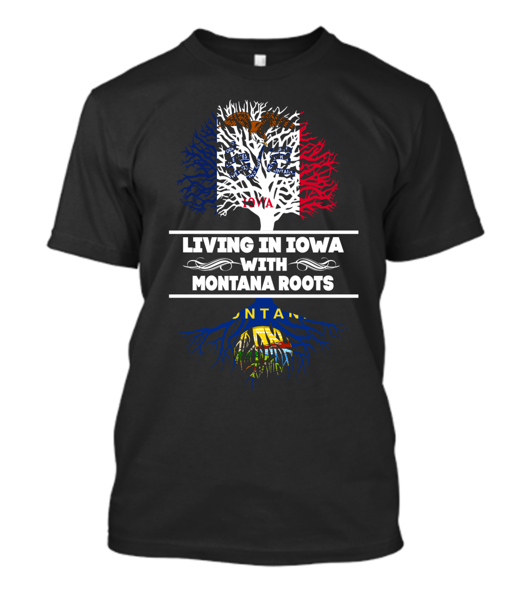 Iowa Living And Montana Heritage Tree With State Flags Roots Connection T-Shirt