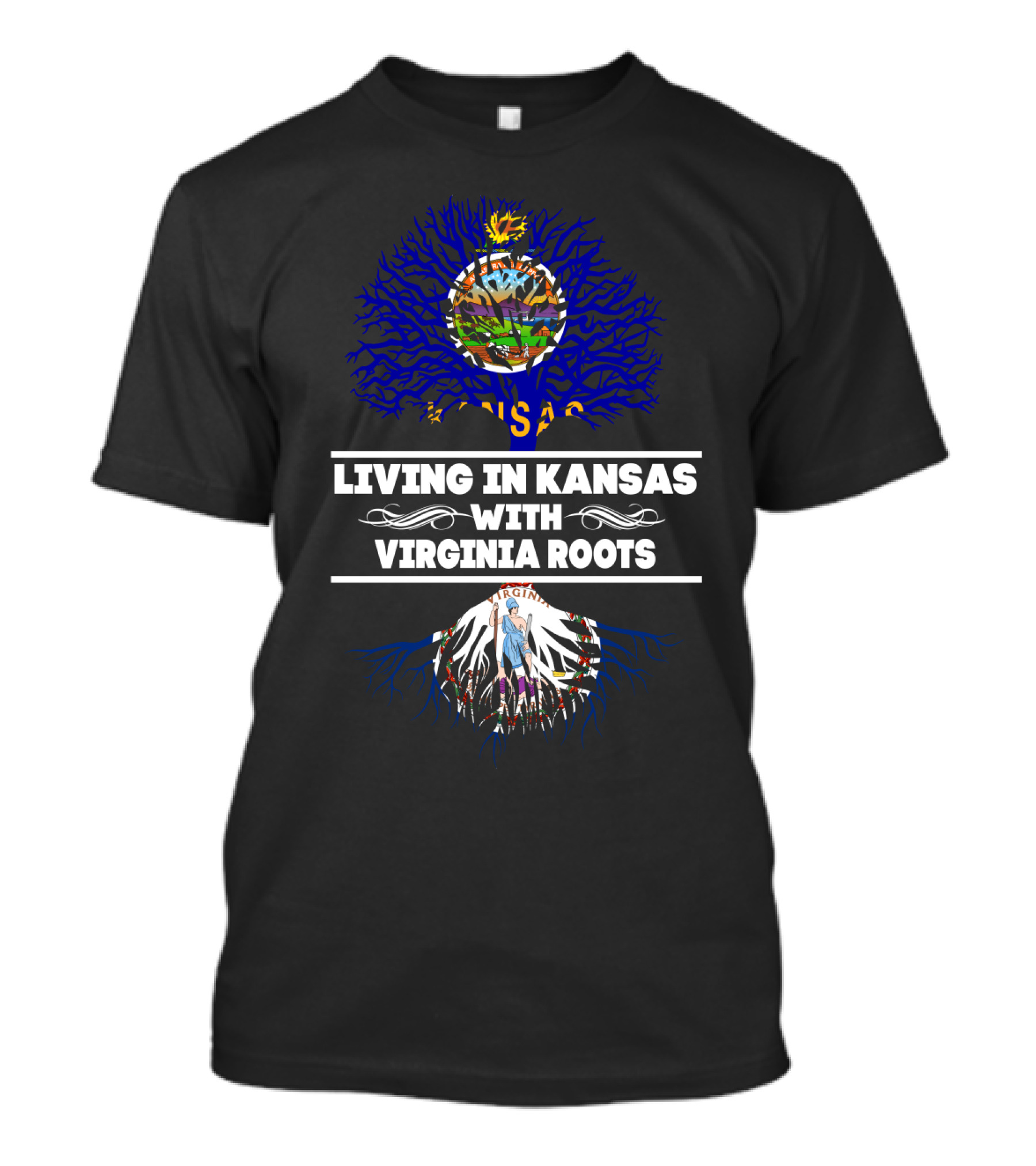 Living In Kansas Showcasing Vibrant State Flag With Proud Virginia Roots Symbolism T-Shirt