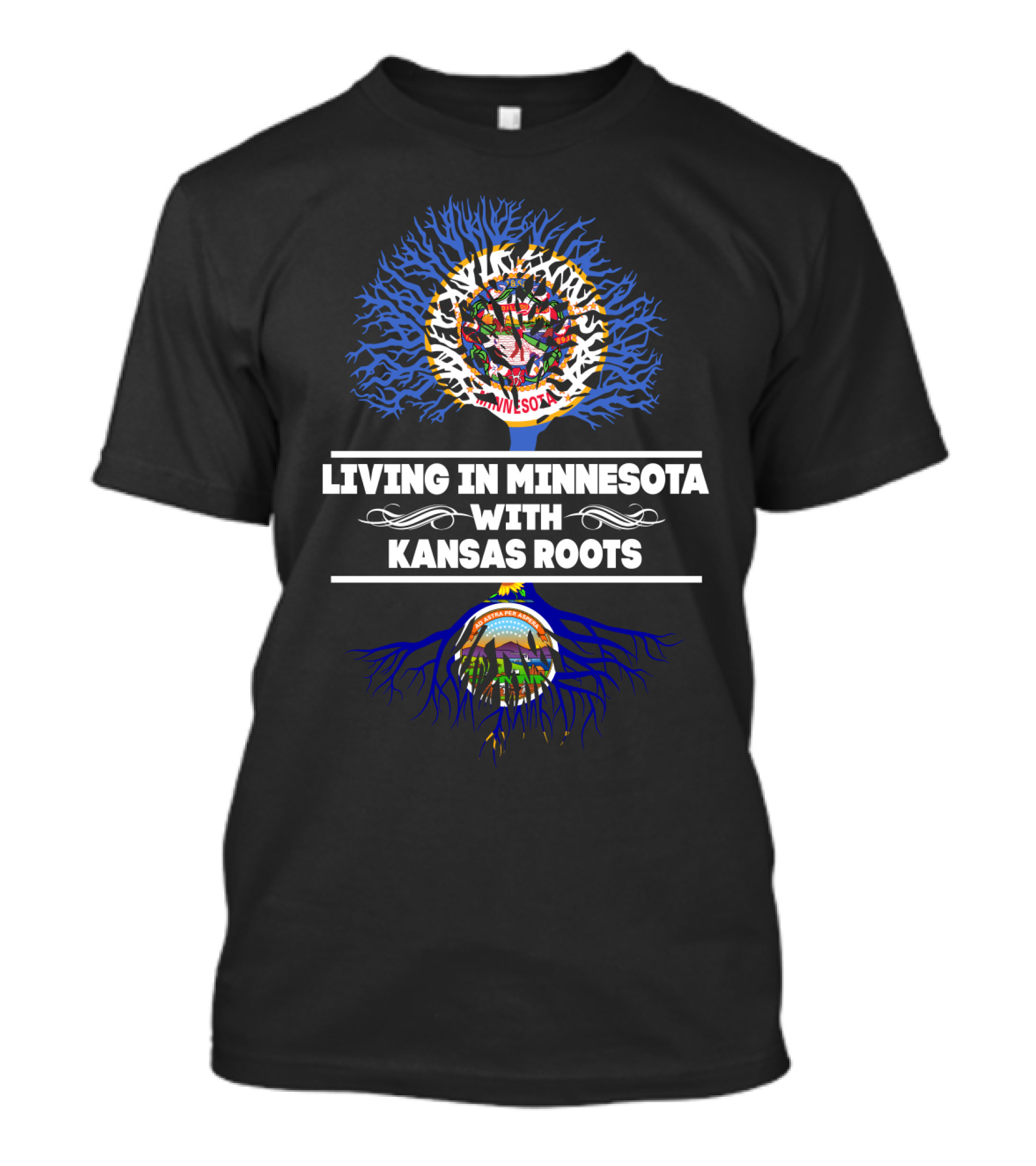 Minnesota Living With Deep Kansas Roots Featuring State Flags And Tree Symbolism T-Shirt