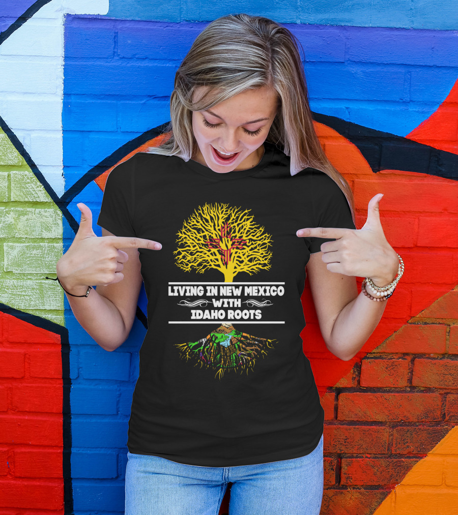 Living In New Mexico With IDAHO Roots Zia Symbol Tree And Gem State Landscape T-Shirt