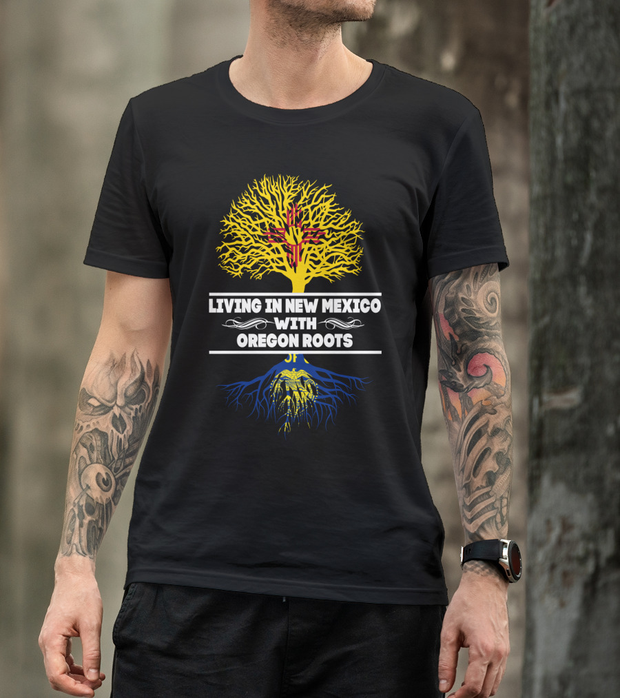 Living In New Mexico With Oregon Roots Zia Symbol Yellow Tree Blue Roots T-Shirt