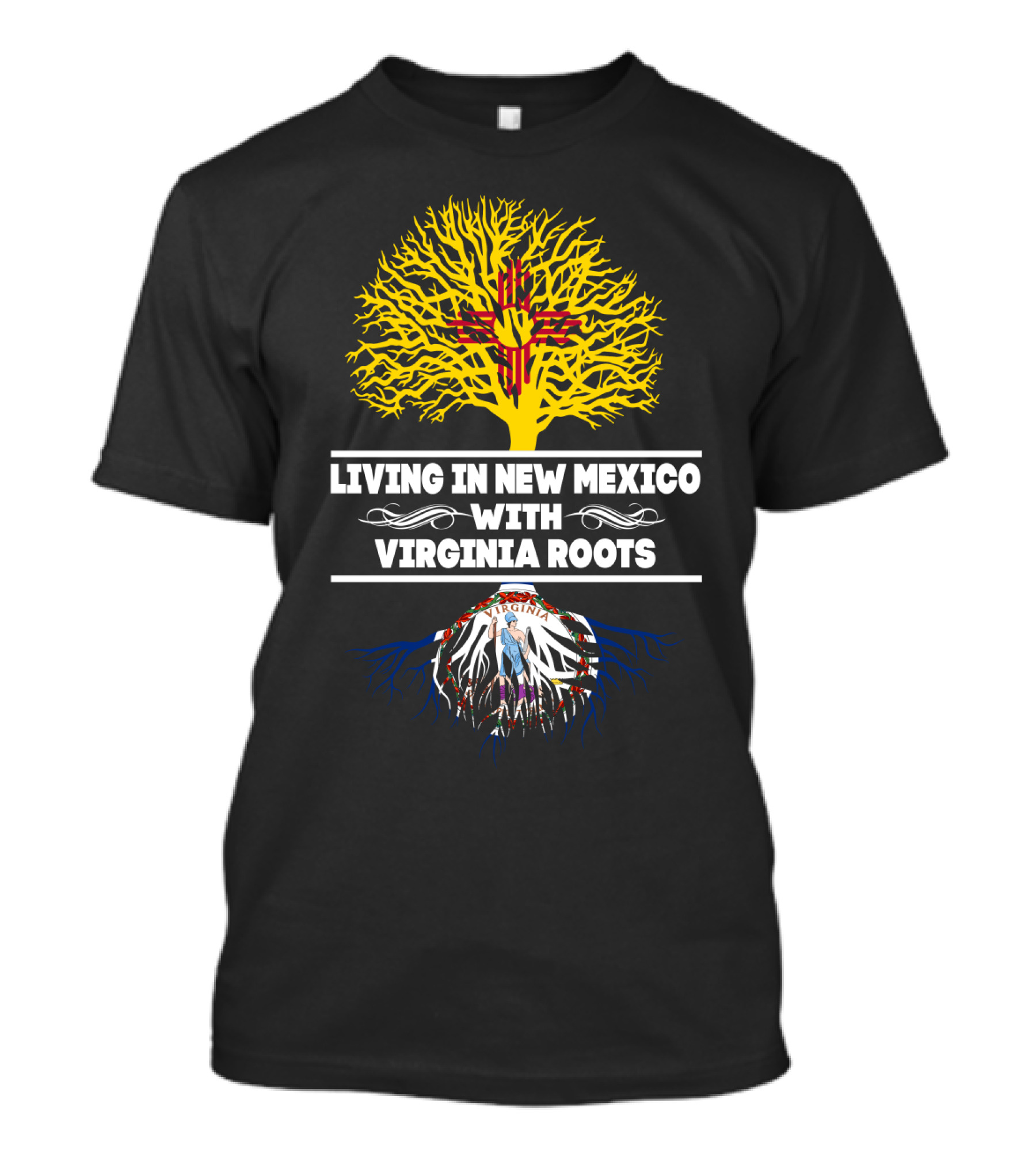 Living In New Mexico With Virginia Roots Zia Symbol Yellow Tree And Virginia Seal Roots T-Shirt