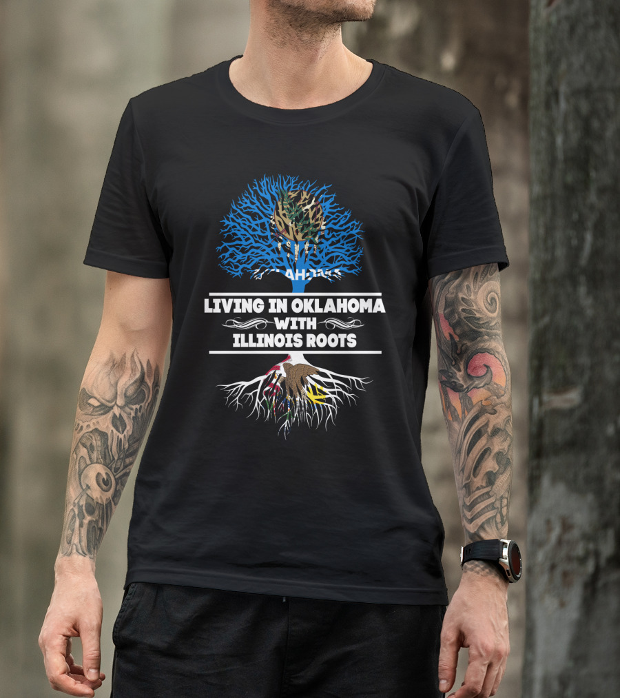Living In Oklahoma With Illinois Roots Tree Graphic State Pride T-Shirt
