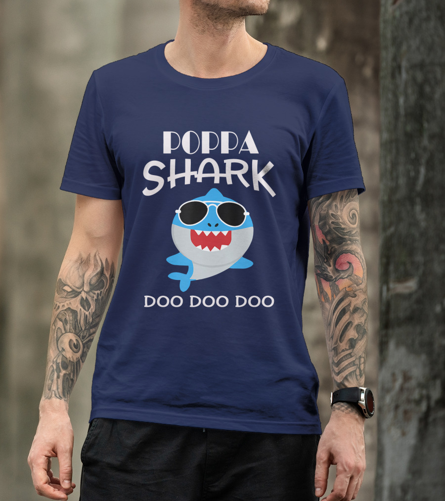 Poppa Shark Doo Doo Doo Sunglasses Cool Blue Shark T-Shirt