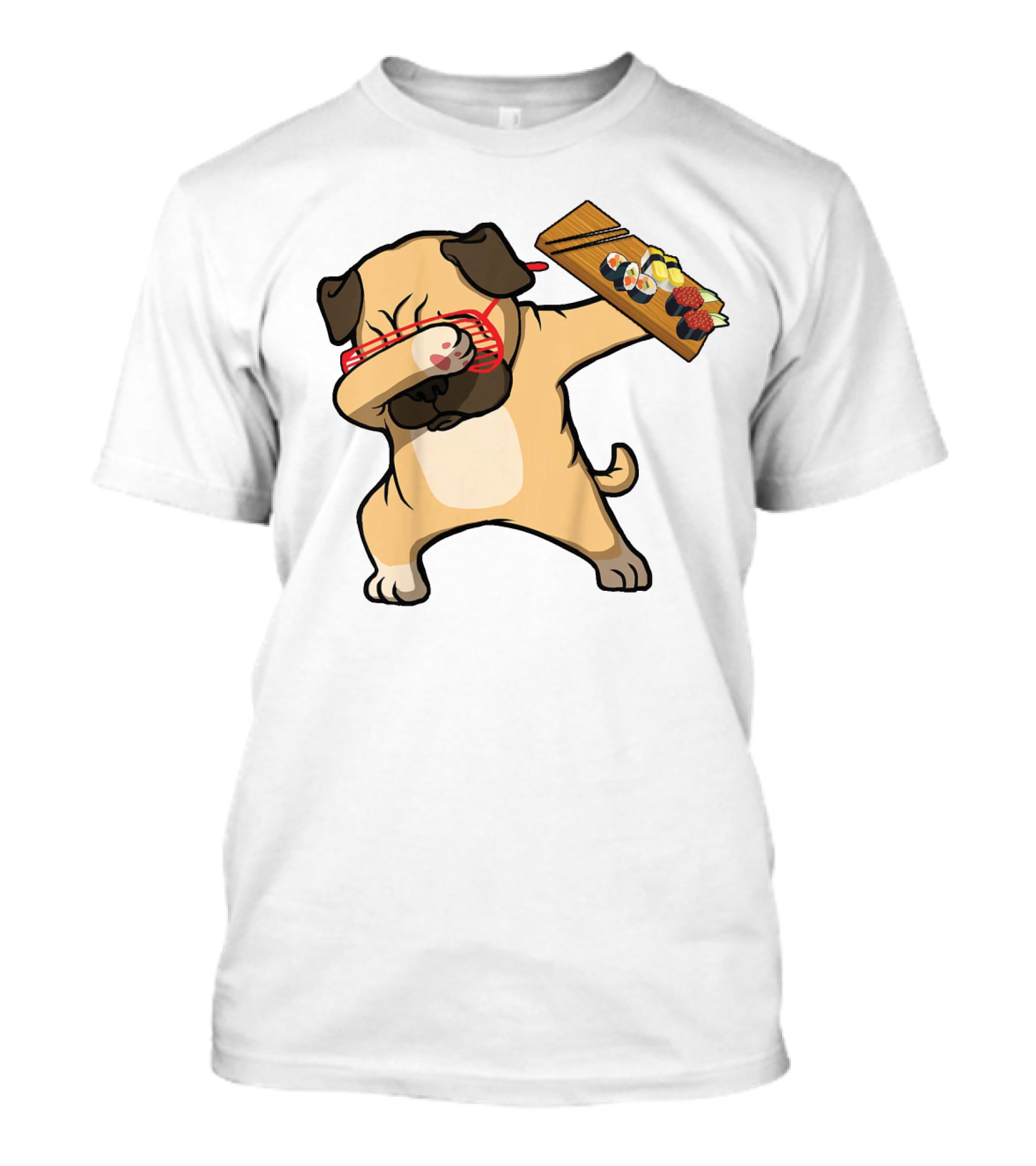 Dabbing Pug With Sushi Plate And Chopstick Glasses T-Shirt