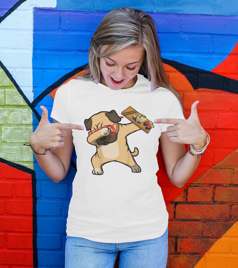 Dabbing Pug With Sushi Plate And Chopstick Glasses T-Shirt