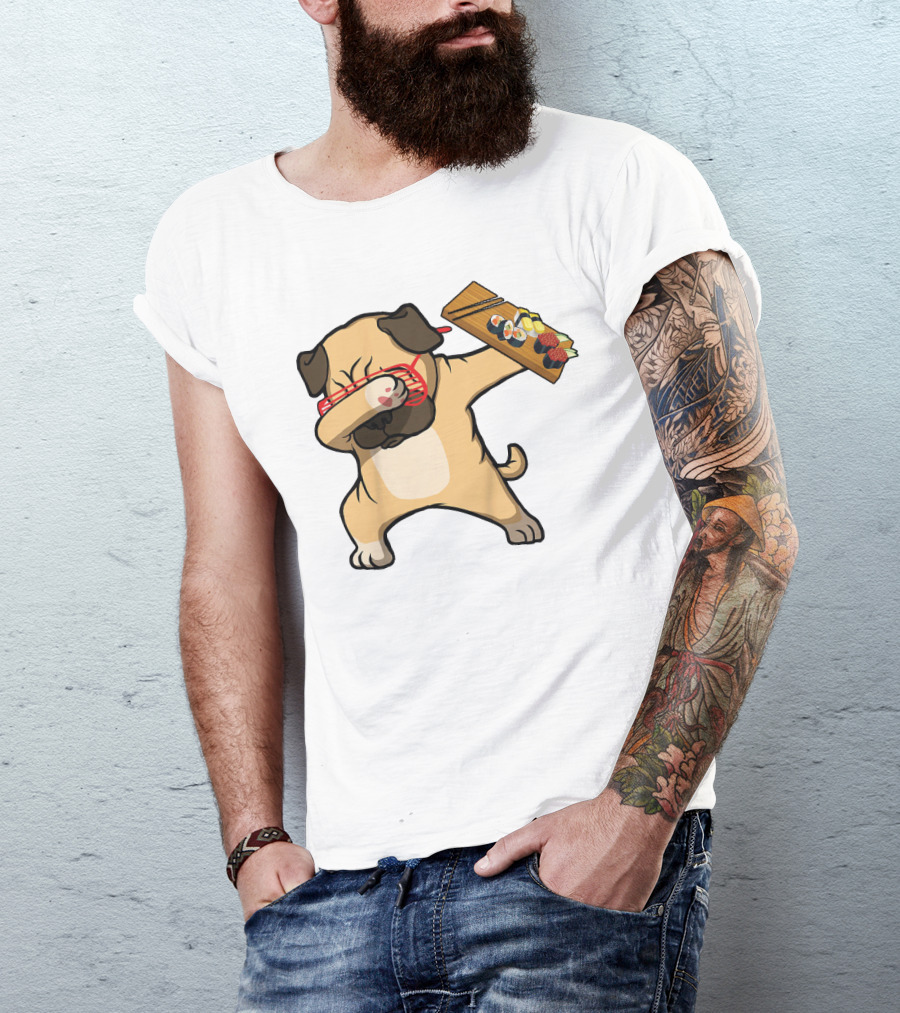 Dabbing Pug With Sushi Plate And Chopstick Glasses T-Shirt