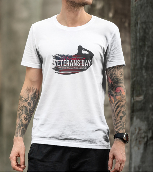 November 11 Veterans Day Honoring All Who Served With Saluting Silhouette And USA Flag Background T-Shirt