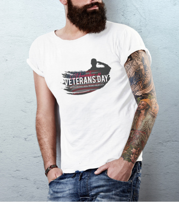November 11 Veterans Day Honoring All Who Served With Saluting Silhouette And USA Flag Background T-Shirt