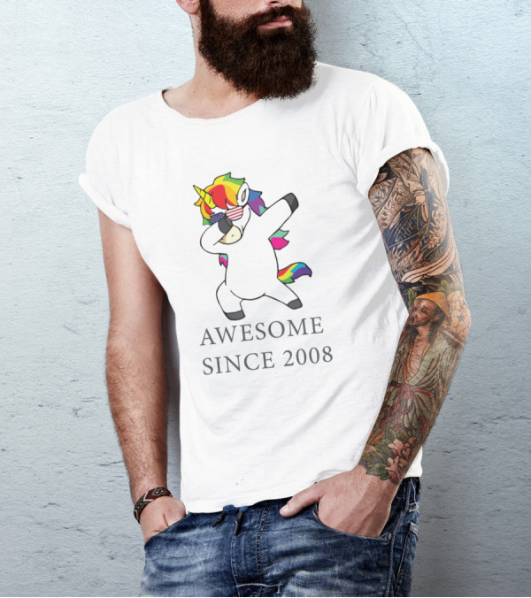 Awesome Since 2008 Rainbow Unicorn Dabbing USA Sunglasses T-Shirt